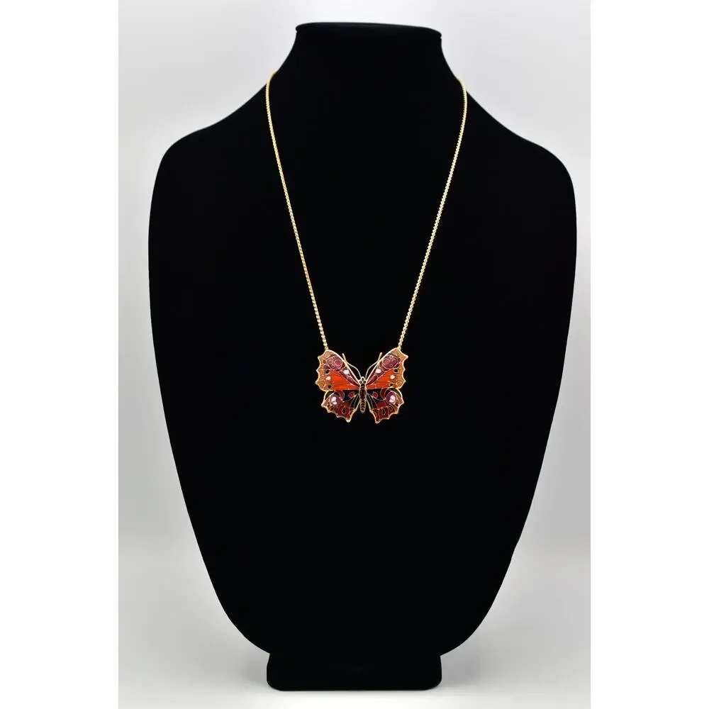 Vintage Cloisonné Butterfly Pendant Necklace Monarch Red Gold Heavy 1970s BinBL